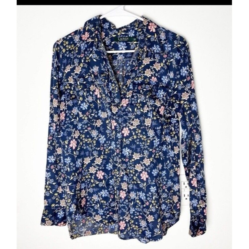 Lauren Ralph Lauren Blue Floral Button Down Shirt Blouse Large Sleeve